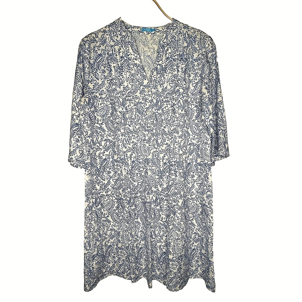 J.McLaughlin Linen Dress Womens S Blue Paisley Shift‎ Roll Tab Coastal